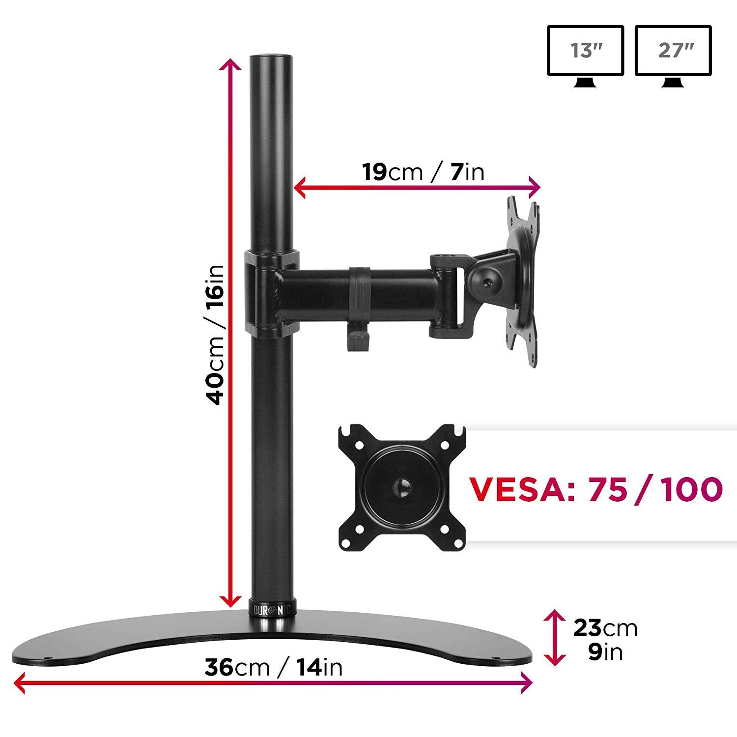 Zoomgoods Single Monitor Stand DM25D1 Monitor Arm Desk Mount for 13-27” Screens Adjustable Desk Riser with VESA 75/100 Freestanding Monitor Mount for Home Office Work