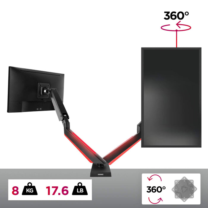 Zoomgoods Monitor Arm Stand DMGM5X1 | Single PC Desk Mount with Red LED Lights | Height Adjustable | For One 15-32 Inch Screen | VESA 75/100 | 8kg Capacity | Tilt +90°/-85°, Swivel 360°,Rotate 360°