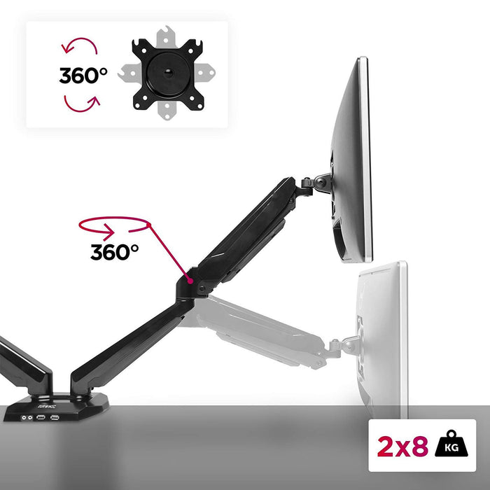Zoomgoods Monitor Arm Stand DMUSB52 | Dual PC Desk Mount | Headphone, USB, Microphone Extension Sockets | 13-27” LED LCD Screen | VESA 75/100 | Full Motion (Tilt -90°/+85°, Swivel 180°, Rotate 360°)