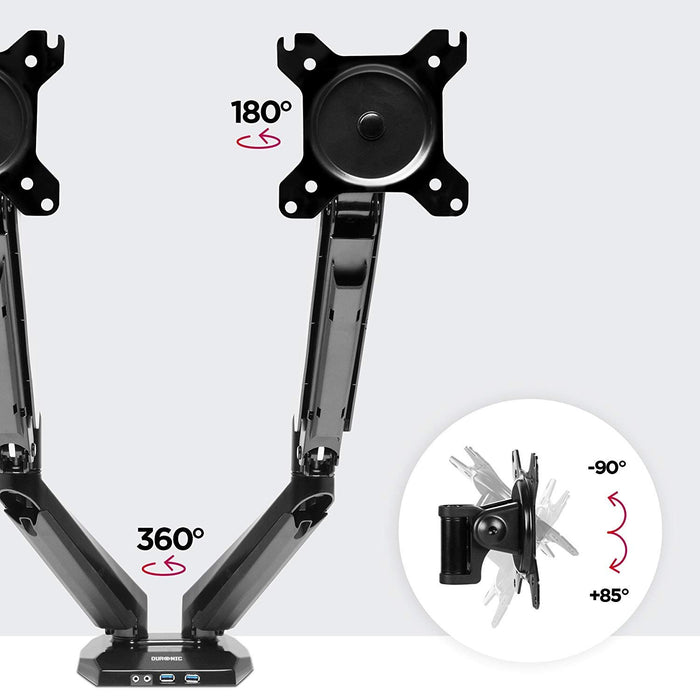 Zoomgoods Monitor Arm Stand DMUSB52 | Dual PC Desk Mount | Headphone, USB, Microphone Extension Sockets | 13-27” LED LCD Screen | VESA 75/100 | Full Motion (Tilt -90°/+85°, Swivel 180°, Rotate 360°)