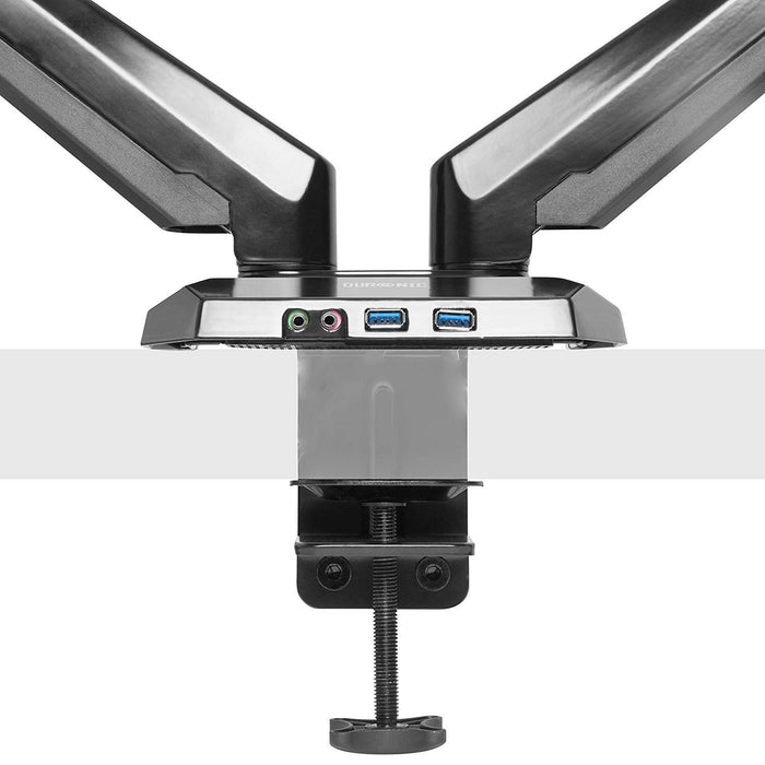 Zoomgoods Monitor Arm Stand DMUSB52 | Dual PC Desk Mount | Headphone, USB, Microphone Extension Sockets | 13-27” LED LCD Screen | VESA 75/100 | Full Motion (Tilt -90°/+85°, Swivel 180°, Rotate 360°)