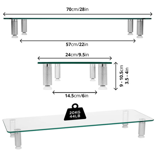 Zoomgoods Monitor Stand Riser DM052-3 | Laptop and Screen Stand for Desktop | Clear Tempered Glass | Support for a TV or PC Computer Monitor | Ergonomic Office Desk Shelf | 20kg Capacity | 70cm x 24cm