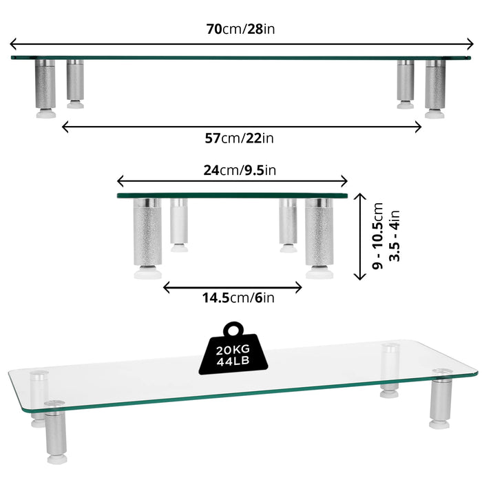 Zoomgoods Monitor Stand Riser DM052-3 | Laptop and Screen Stand for Desktop | Clear Tempered Glass | Support for a TV or PC Computer Monitor | Ergonomic Office Desk Shelf | 20kg Capacity | 70cm x 24cm