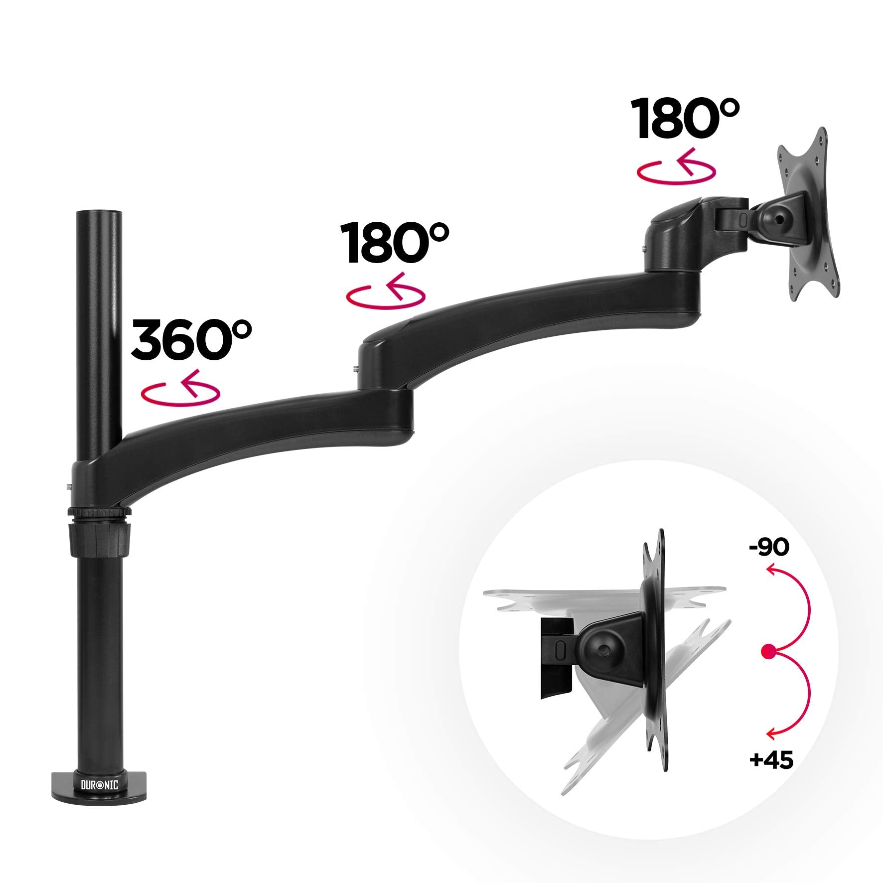 Zoomgoods Monitor Arm Stand DM451X3 | Single PC Desk Mount | Aluminium | Height Adjustable | For One 13-27 LED LCD Screen | VESA 75/100 | 13kg Per Screen | Tilt -90°/+45°, Rotate 360°