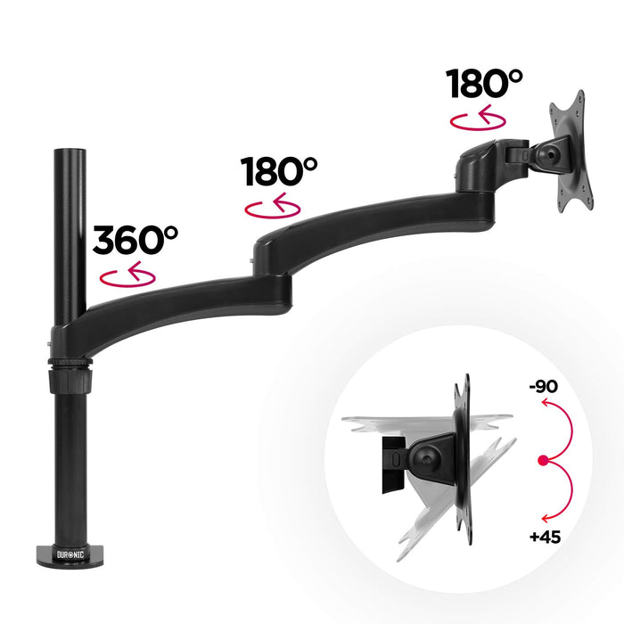 Zoomgoods Monitor Arm Stand DM451X3 | Single PC Desk Mount | Aluminium | Height Adjustable | For One 13-27 LED LCD Screen | VESA 75/100 | 13kg Per Screen | Tilt -90°/+45°, Rotate 360°