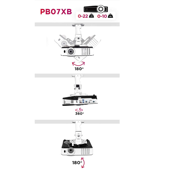 Zoomgoods Projector Mount PB07XB | Bracket Fixing for Ceiling | 10kg Capacity | Universal | Heavy Duty | Fittings Included | Rotate 360 °, Swivel 180 °, Tilt 180° for Easy Projection Set-up