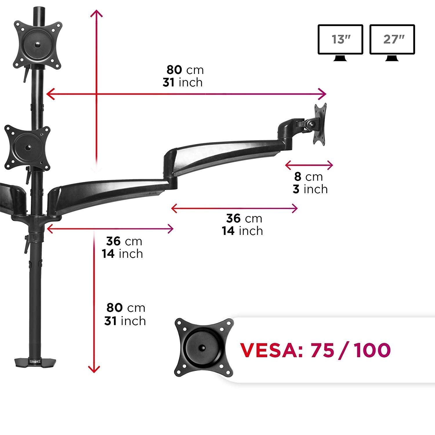 Zoomgoods Monitor Arm Stand DM453VX1 | Quad PC Desk Mount | Steel | Height Adjustable | For Four 15-27 LED LCD Screens | VESA 75/100 | 6kg Per Screen | Tilt -90°/+85°, Rotate 360°