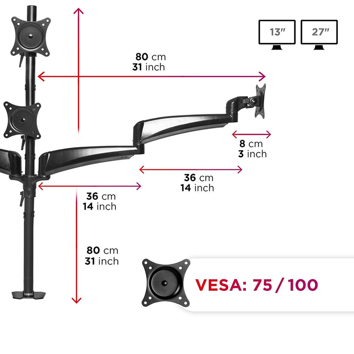 Zoomgoods Monitor Arm Stand DM453VX1 | Quad PC Desk Mount | Steel | Height Adjustable | For Four 15-27 LED LCD Screens | VESA 75/100 | 6kg Per Screen | Tilt -90°/+85°, Rotate 360°
