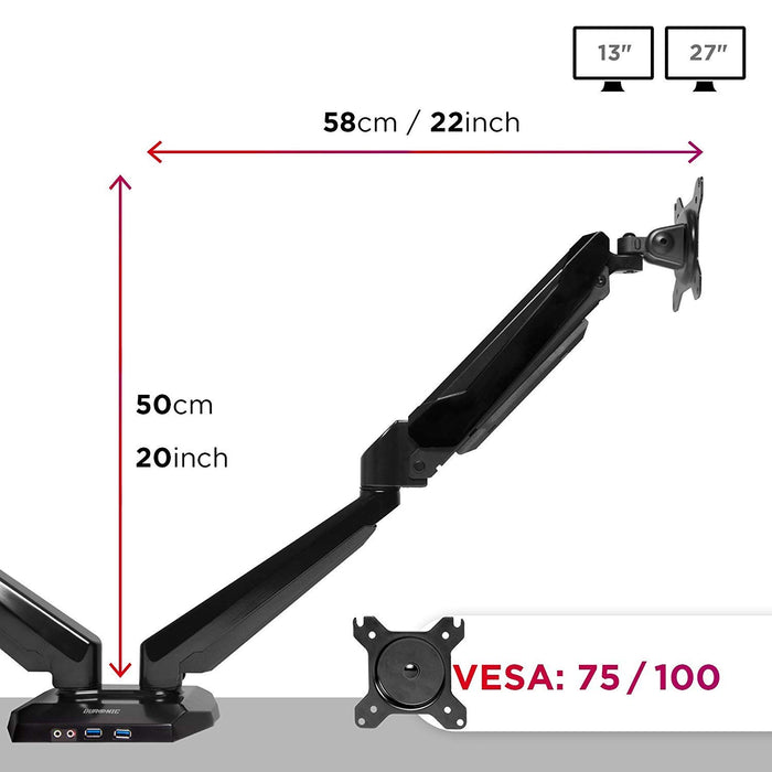 Zoomgoods Monitor Arm Stand DMUSB52 | Dual PC Desk Mount | Headphone, USB, Microphone Extension Sockets | 13-27” LED LCD Screen | VESA 75/100 | Full Motion (Tilt -90°/+85°, Swivel 180°, Rotate 360°)