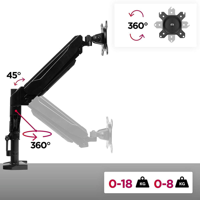 Zoomgoods Monitor Arm Stand DMG51X2 | Single PC Desk Mount | Height Adjustable | For One 13-24 Inch LED LCD Screen | VESA 75/100 | 6.5kg Capacity | Tilt +90°/-45°, Swivel 180°,Rotate 360°