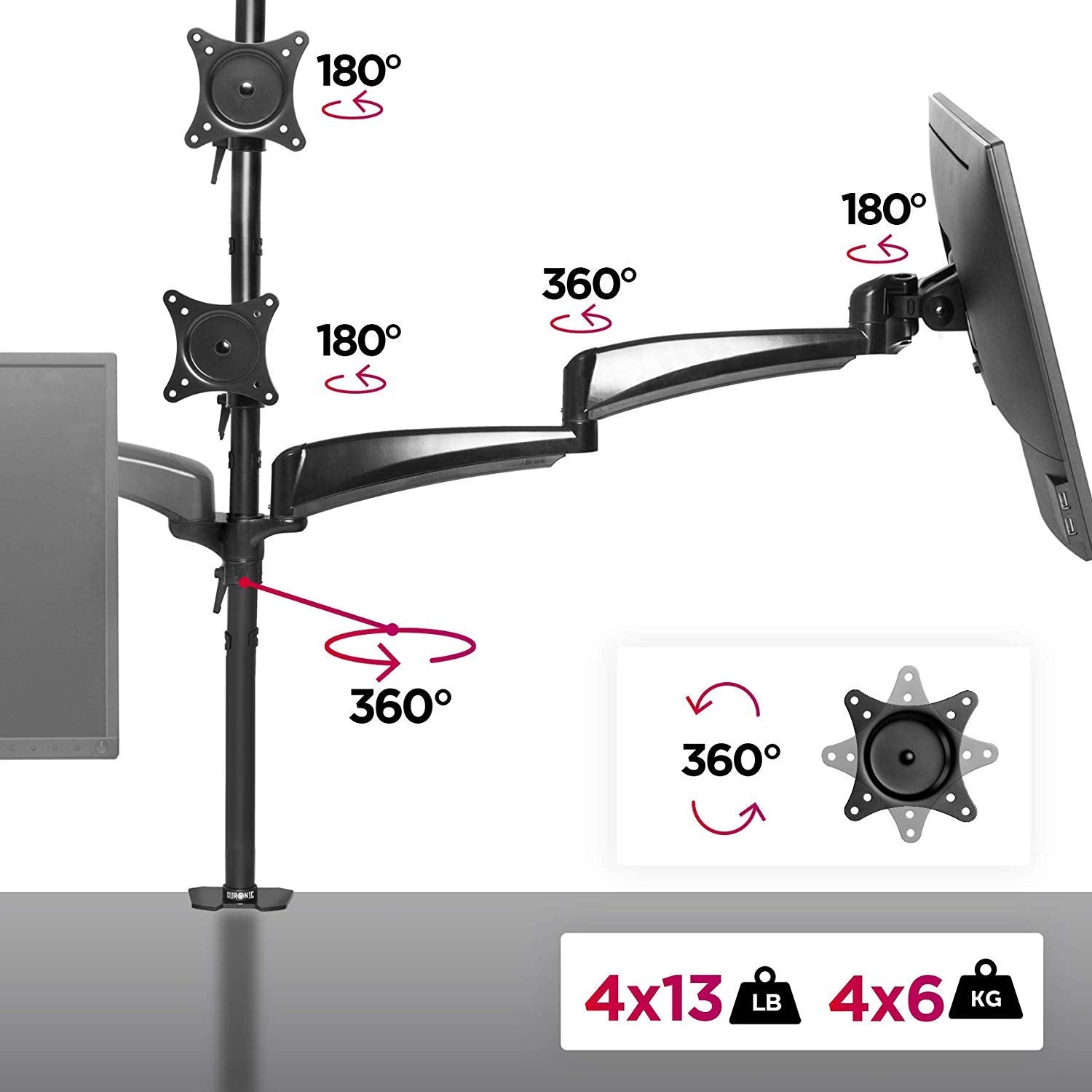 Zoomgoods Monitor Arm Stand DM453VX1 | Quad PC Desk Mount | Steel | Height Adjustable | For Four 15-27 LED LCD Screens | VESA 75/100 | 6kg Per Screen | Tilt -90°/+85°, Rotate 360°