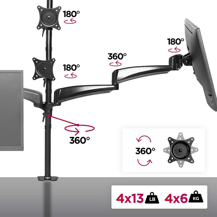 Zoomgoods Monitor Arm Stand DM453VX1 | Quad PC Desk Mount | Steel | Height Adjustable | For Four 15-27 LED LCD Screens | VESA 75/100 | 6kg Per Screen | Tilt -90°/+85°, Rotate 360°