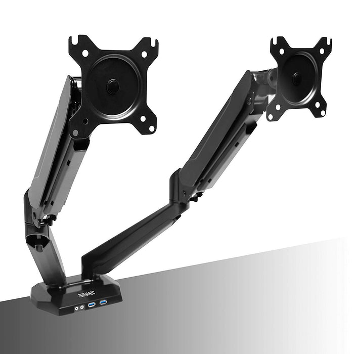 Zoomgoods Monitor Arm Stand DMUSB52 | Dual PC Desk Mount | Headphone, USB, Microphone Extension Sockets | 13-27” LED LCD Screen | VESA 75/100 | Full Motion (Tilt -90°/+85°, Swivel 180°, Rotate 360°)