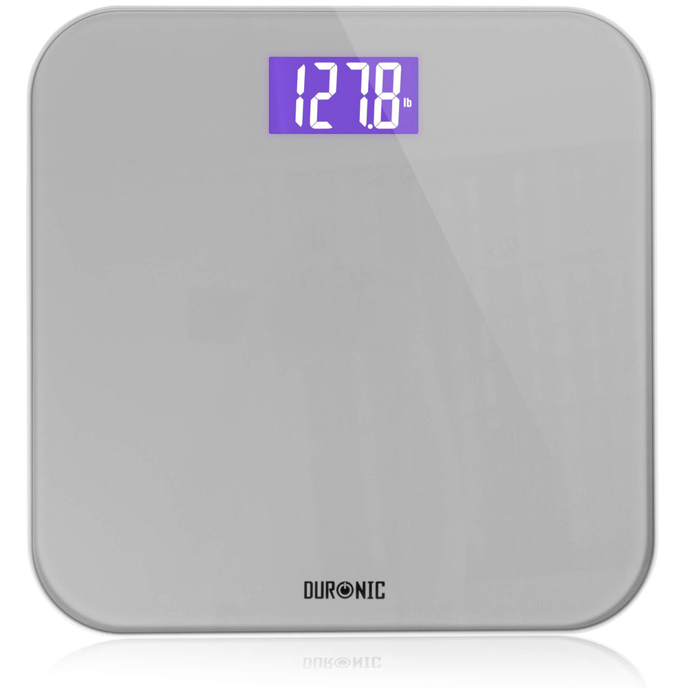 Zoomgoods Digital Bathroom Body Scales BS603 | Measures Body Weight in Kilograms, Pounds and Stones | Silver Glass Design with Purple Backlight | Step-On Activation | Precision Sensors | 180kg Capacity