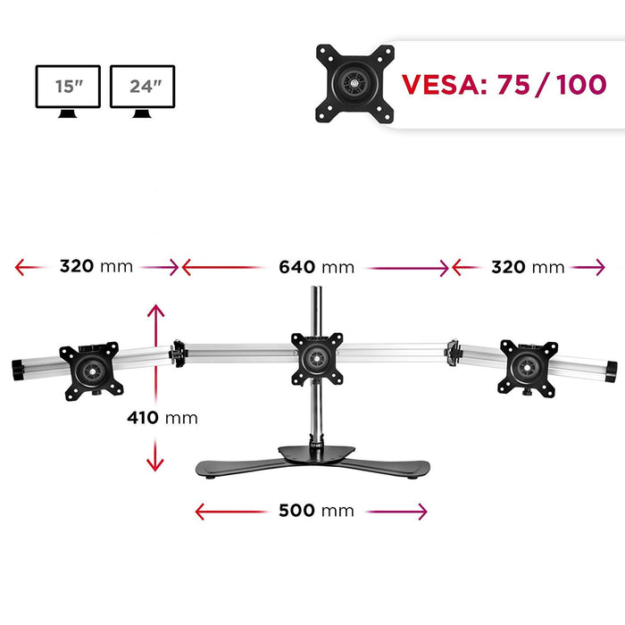 Zoomgoods Computer Monitor Arms Stand DM753 Triple Freestanding PC Multi Arms Desk Mount Stands Riser for 3 8kg 15-24 Inch Display Screens VESA 75/100 - Black