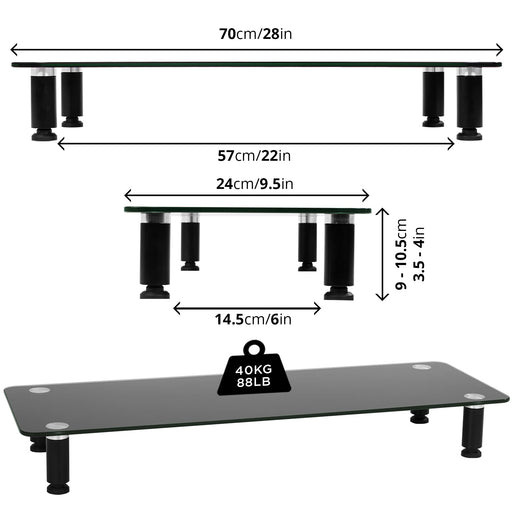 Zoomgoods Monitor Stand Riser DM052-4 | Laptop and Screen Stand for Desktop | Black Tempered Glass | Support for a TV or PC Computer Monitor | Ergonomic Office Desk Shelf | 20kg Capacity | 70cm x 24cm