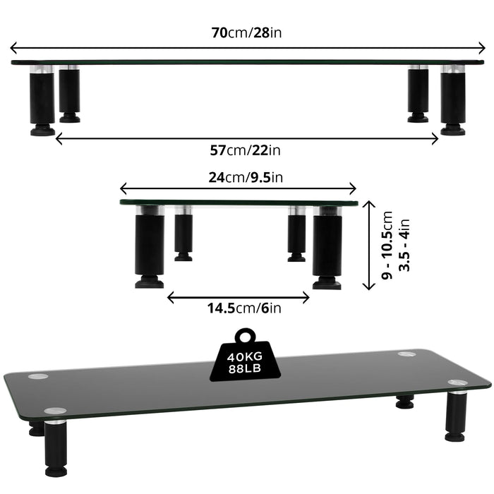 Zoomgoods Monitor Stand Riser DM052-4 | Laptop and Screen Stand for Desktop | Black Tempered Glass | Support for a TV or PC Computer Monitor | Ergonomic Office Desk Shelf | 20kg Capacity | 70cm x 24cm