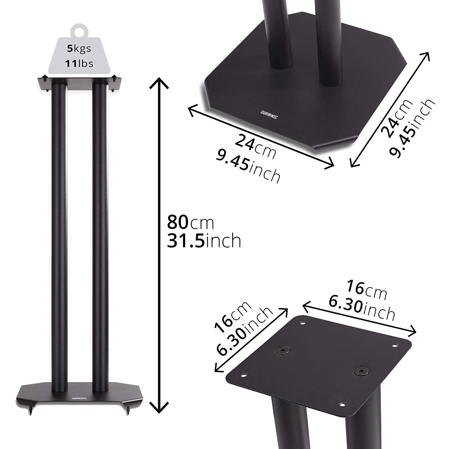 Zoomgoods SPS1022-80 Speaker Stand (Pair) - 80cm Height, Steel Base Supports, Floor/Table Standing with Spikes, Shoes, Pads, Insulating - Better Audio Quality - Black