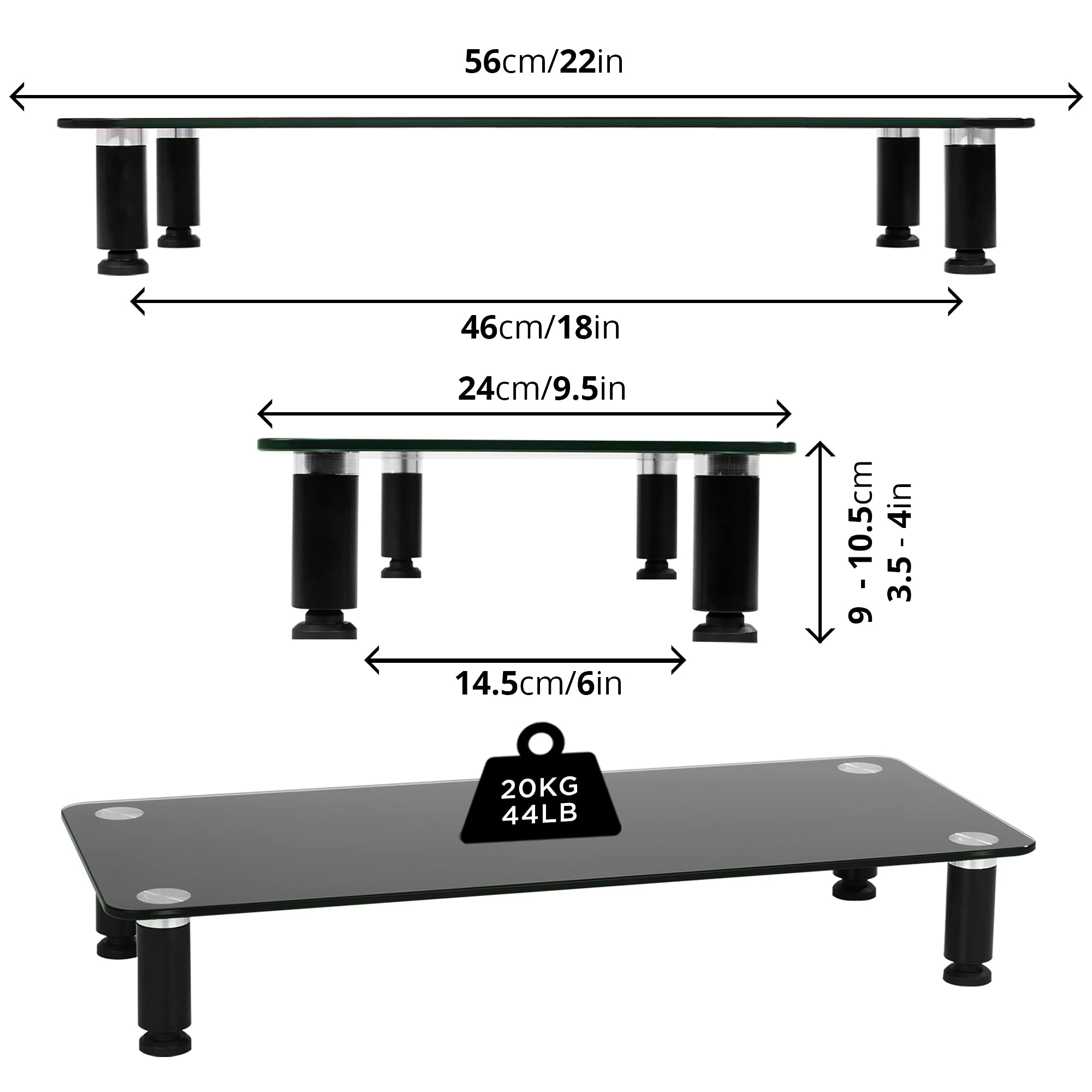 Zoomgoods Monitor Stand Riser DM052-2 | Laptop and Screen Stand for Desktop | Black Tempered Glass | Support for a TV or PC Computer Monitor | Ergonomic Office Desk Shelf | 20kg Capacity | 56cm x 24cm