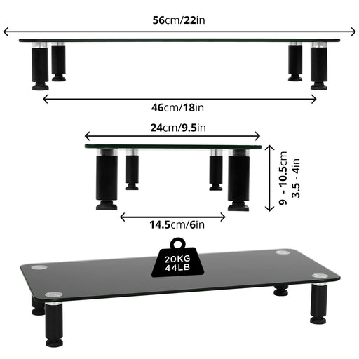 Zoomgoods Monitor Stand Riser DM052-2 | Laptop and Screen Stand for Desktop | Black Tempered Glass | Support for a TV or PC Computer Monitor | Ergonomic Office Desk Shelf | 20kg Capacity | 56cm x 24cm