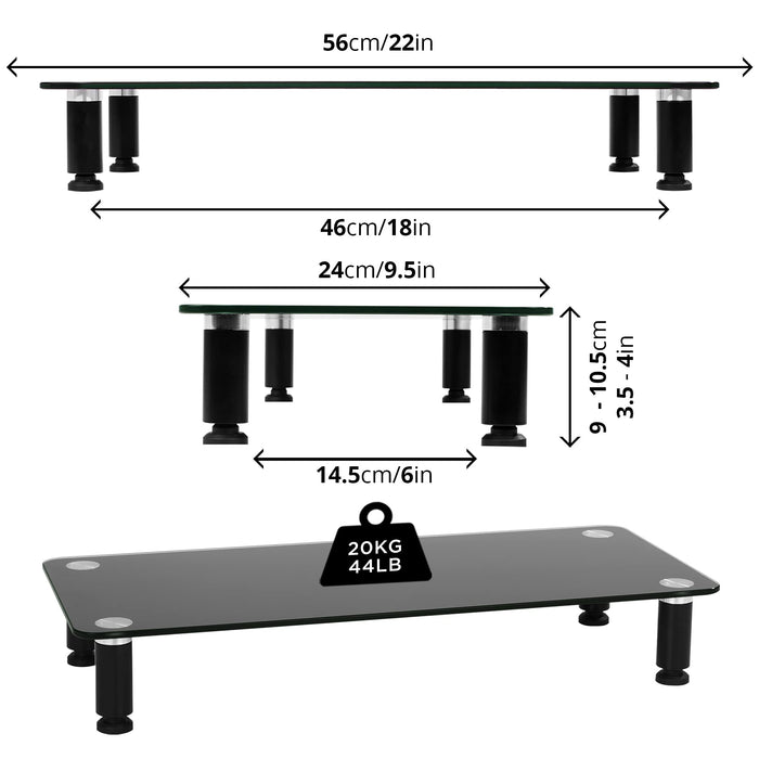 Zoomgoods Monitor Stand Riser DM052-2 | Laptop and Screen Stand for Desktop | Black Tempered Glass | Support for a TV or PC Computer Monitor | Ergonomic Office Desk Shelf | 20kg Capacity | 56cm x 24cm