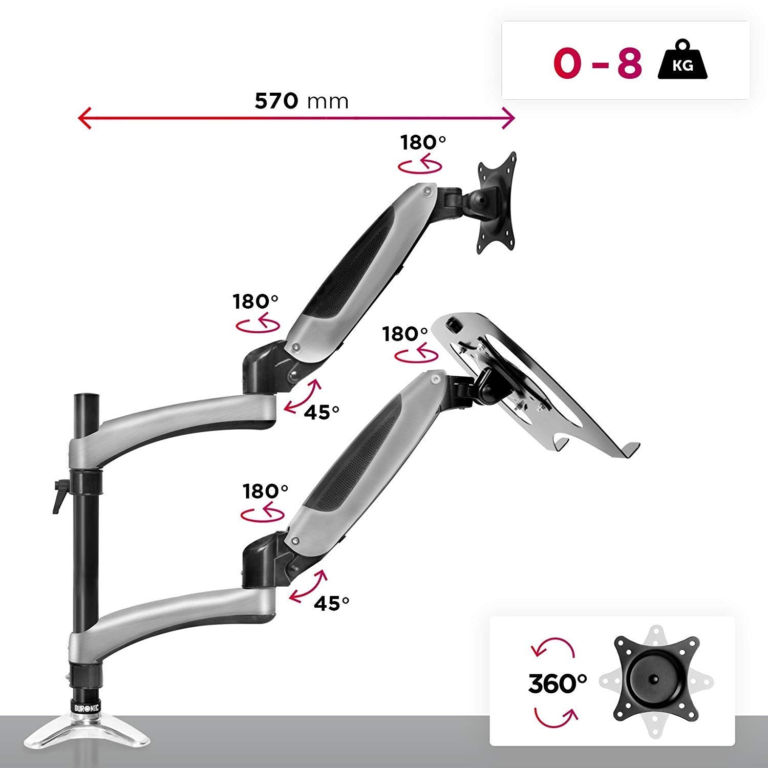 Zoomgoods Desk Mount DM65L1X1 | Dual Gas-Powered Monitor Stand for 15-27 Inch LCD/LED PC/TV Screen and Laptop | Twin Arms | Adjustable Support | VESA 75/100 Bracket | Tilt 15-27-90°/+85°,Swivel 180°,Rotate 360°