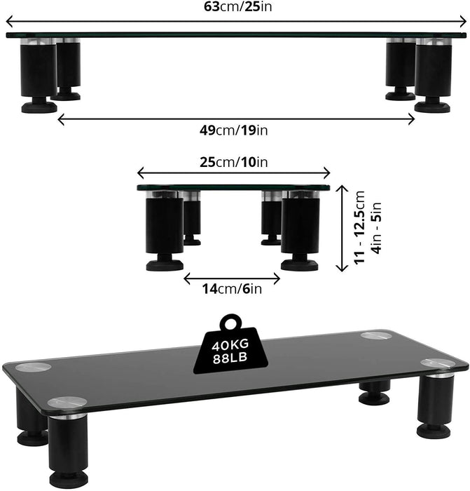 Zoomgoods Monitor Stand Riser DM051 | Laptop and Screen Stand for Desktop | Black Tempered Glass | Support for a TV or PC Computer Monitor | Ergonomic Office Desk Shelf | 40kg Capacity | 63x25cm
