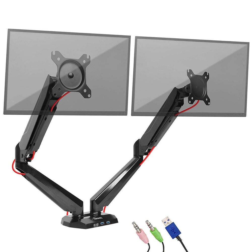 Zoomgoods Monitor Arm Stand DMUSB52 | Dual PC Desk Mount | Headphone, USB, Microphone Extension Sockets | 13-27” LED LCD Screen | VESA 75/100 | Full Motion (Tilt -90°/+85°, Swivel 180°, Rotate 360°)