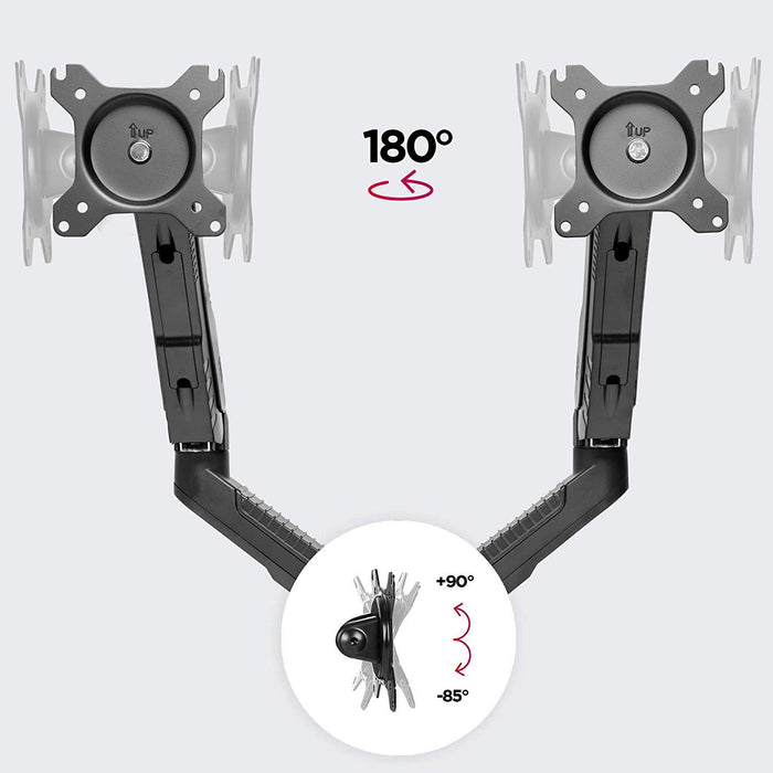 Zoomgoods Monitor Arm Stand DMDC52 | Double Gas-Powered PC Desk Mount | BLACK | Height Adjustable | For Two 13-24 LED LCD Screens | VESA 75/100 | 6.5kg Capacity | Tilt -90°/+85°,Swivel 180°,Rotate 360°