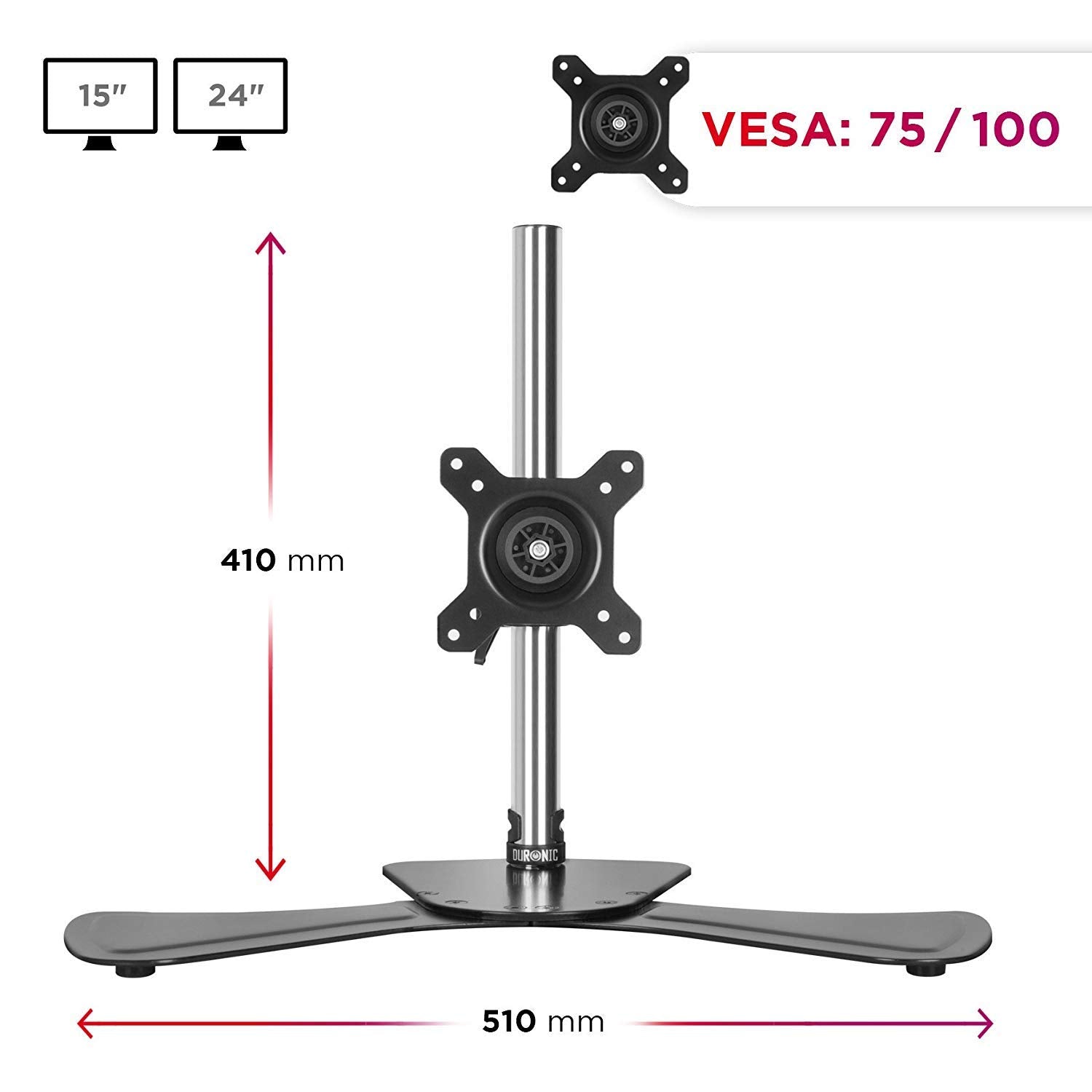 Zoomgoods Computer Monitor Arms Stand DM751 Single Freestanding PC Arm Desk Mount Adjustable Stands for VESA 75/100 One 15-24 Inch LED LCD Screen 8kg Capacity Mounts Tilt -15/+15 Rotate 360 - Black
