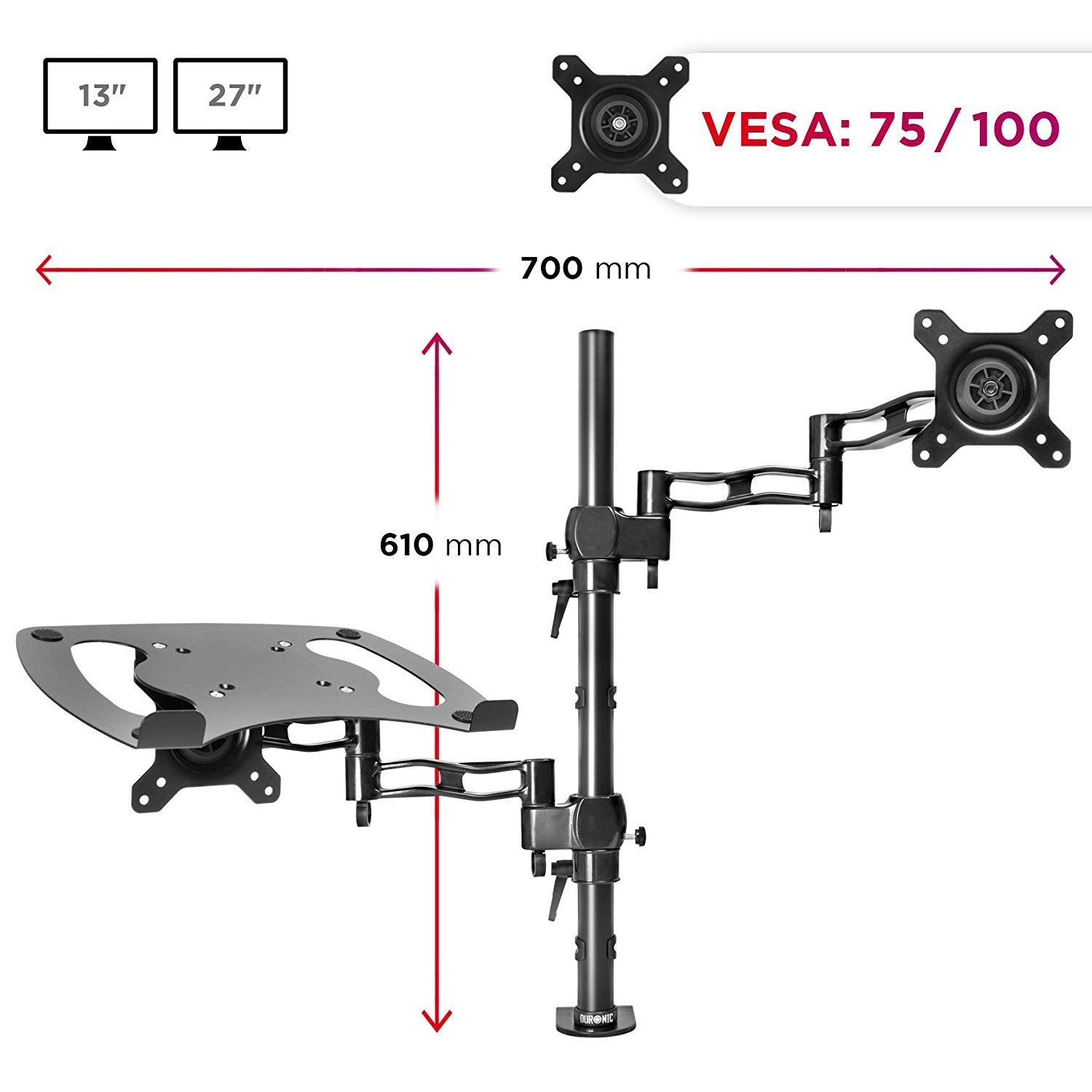 Zoomgoods Laptop Desk Mount DM35L1X1, Dual Monitor Arm Stand for 13-27” PC Screens, Laptop and Monitor Stand with VESA 75 100, Adjustable Monitor Pole for Home Office Work Desk