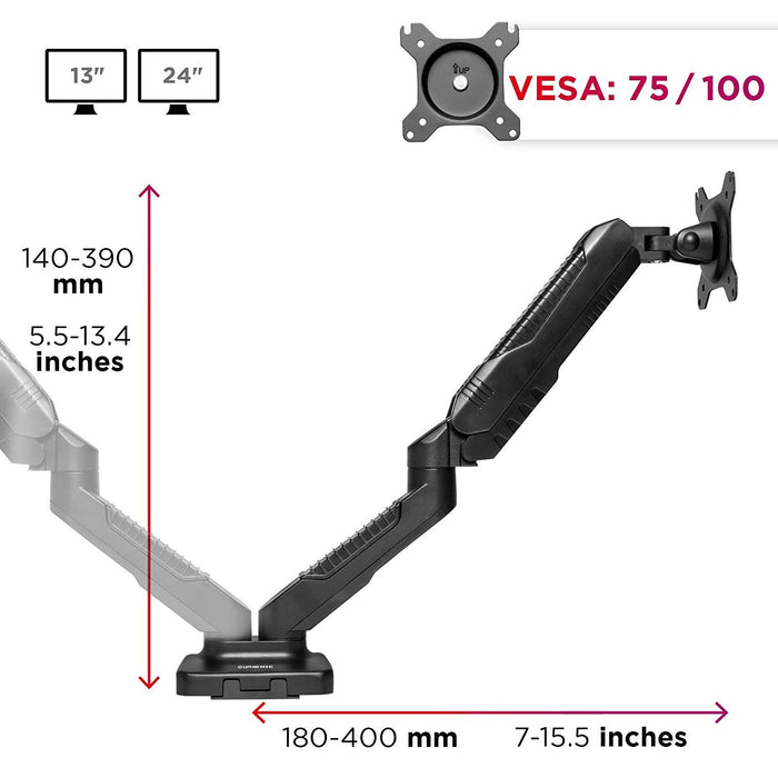 Zoomgoods Monitor Arm Stand DMDC52 | Double Gas-Powered PC Desk Mount | BLACK | Height Adjustable | For Two 13-24 LED LCD Screens | VESA 75/100 | 6.5kg Capacity | Tilt -90°/+85°,Swivel 180°,Rotate 360°