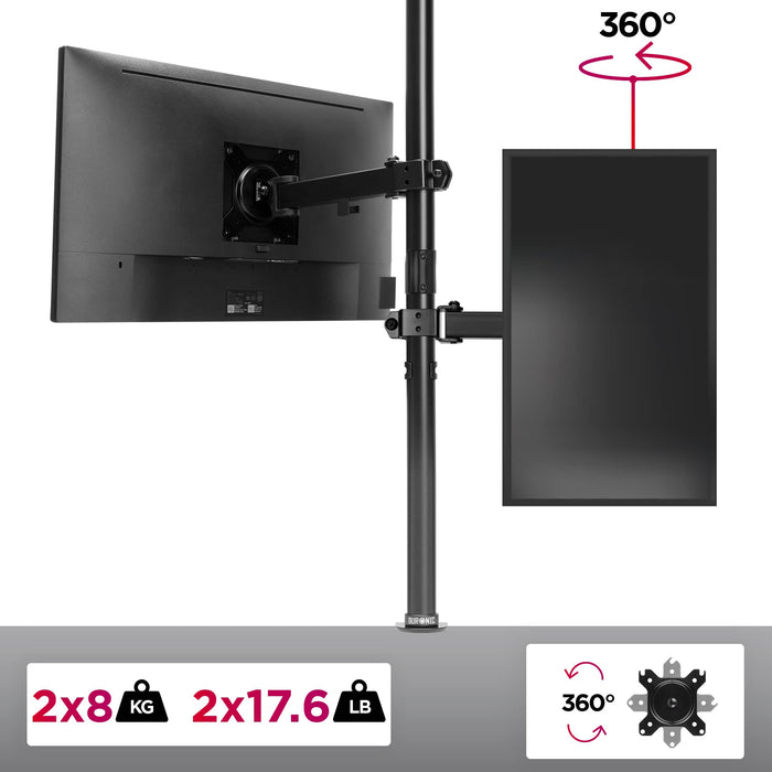 Zoomgoods Dual Monitor Stand DMT152VX1, Dual Monitor Arm Desk Mount for two 13-27” PC Screens, Height Adjustable Monitor Mounts with 100cm Pole & VESA 75 100, Monitor Riser for Home Office Work Desk