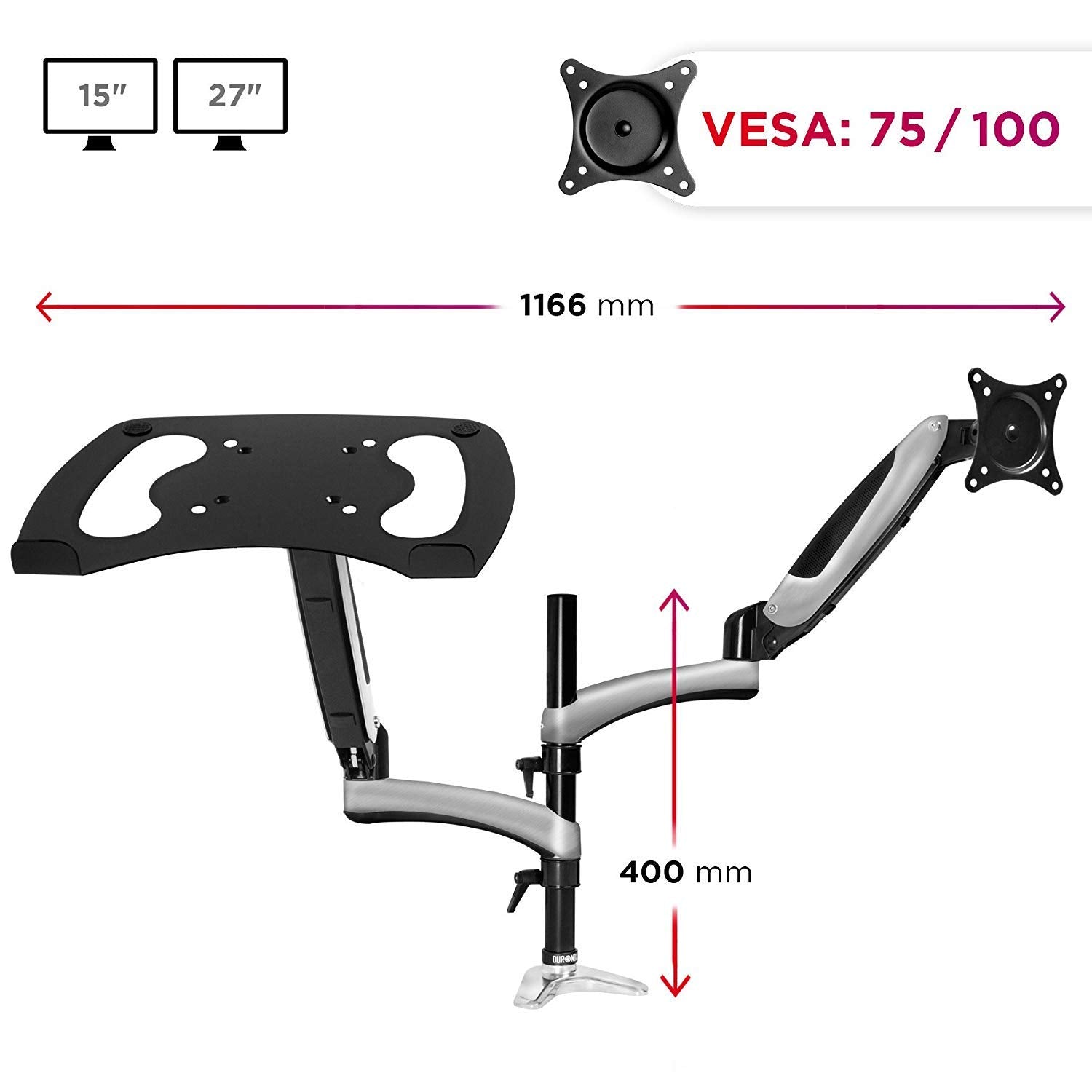 Zoomgoods Desk Mount DM65L1X1 | Dual Gas-Powered Monitor Stand for 15-27 Inch LCD/LED PC/TV Screen and Laptop | Twin Arms | Adjustable Support | VESA 75/100 Bracket | Tilt 15-27-90°/+85°,Swivel 180°,Rotate 360°