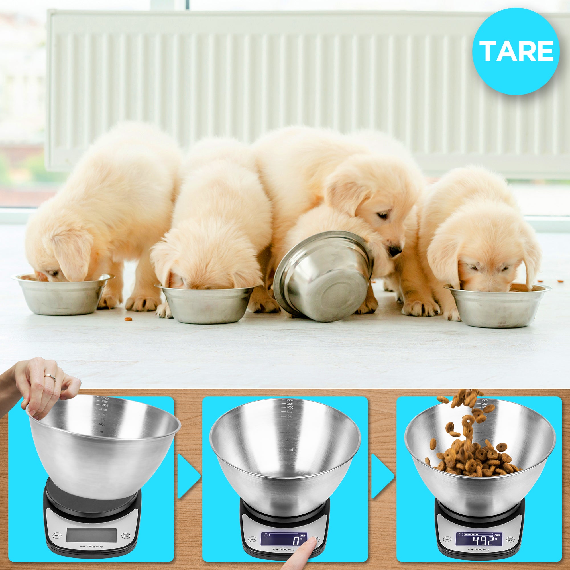 Zoomgoods Digital Kitchen Scale KS5000 BK/SS Kitchen Scales with Bowl, Weighing Scale, Baking Scale for Cooking Baking Pet Food Postal, Food Scale Weight Scale, Electronic Scale with Backlit LCD Display