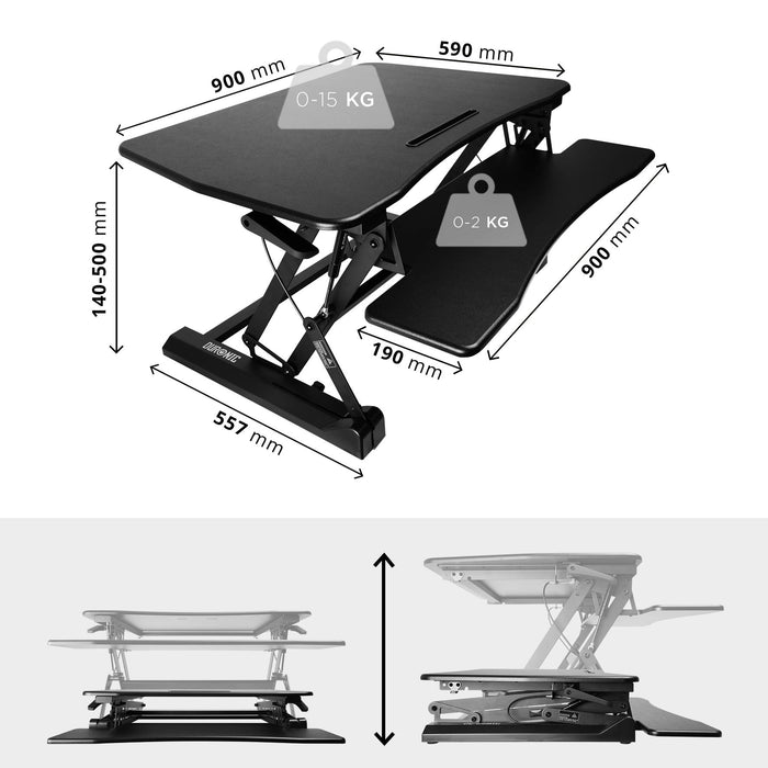 Zoomgoods Sit-Stand Desk DM05D2 | Height Adjustable Office Workstation | 90x59cm Platform | Raises from 14-50cm | Riser for PC Computer Screen, Keyboard, Laptop | Ergonomic Desktop Table Converter
