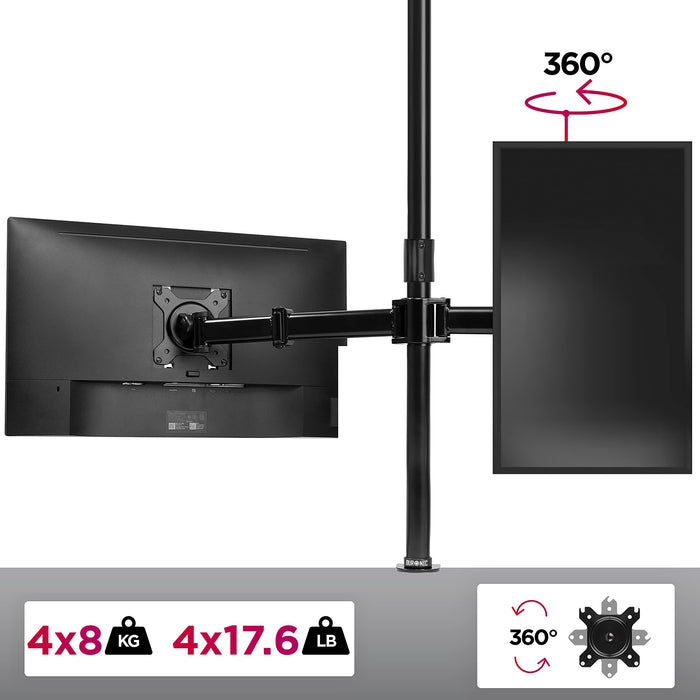 Zoomgoods 4 Screen Monitor Stand DMT254 Height Adjustable Quad Monitor Arm with 100cm Pole C Clamp Monitor Risers for 13-27” Screens Desk Mounts with 8kg Capacity and VESA 75/100 for Home Office Work