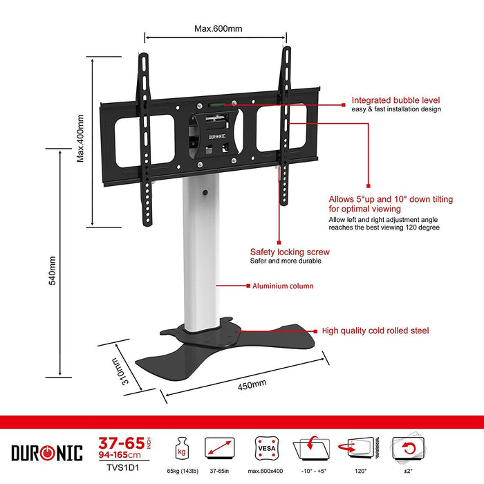 Zoomgoods TV Wall Mount Stand TVS1D1 Tabletop | Standing Mount for 37”-65” Flat Screen Television | Tilting -10°/+5° | VESA Up to 600x400 | Strong Heavy Duty | Max. 68kg Capacity