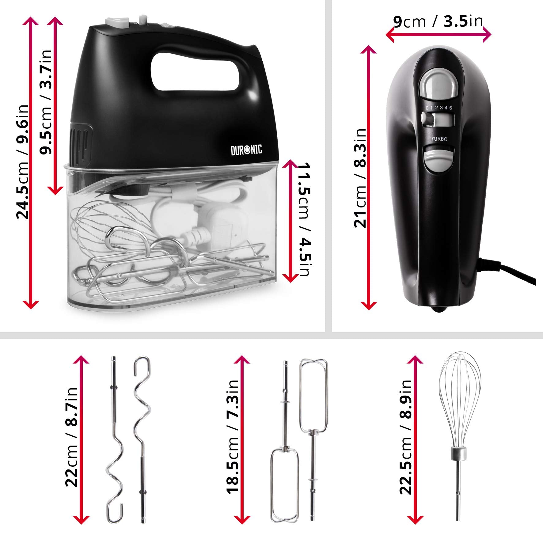 Zoomgoods Hand Mixer Electric Whisk HM4 BK Kitchen Handheld Hand Held Food Mixers for Baking, Dough, Bread, Eggs, Cake Mix, Cream, Brownie Maker Mixer with Whisker Hooks Beater Storage Case 400W - Black