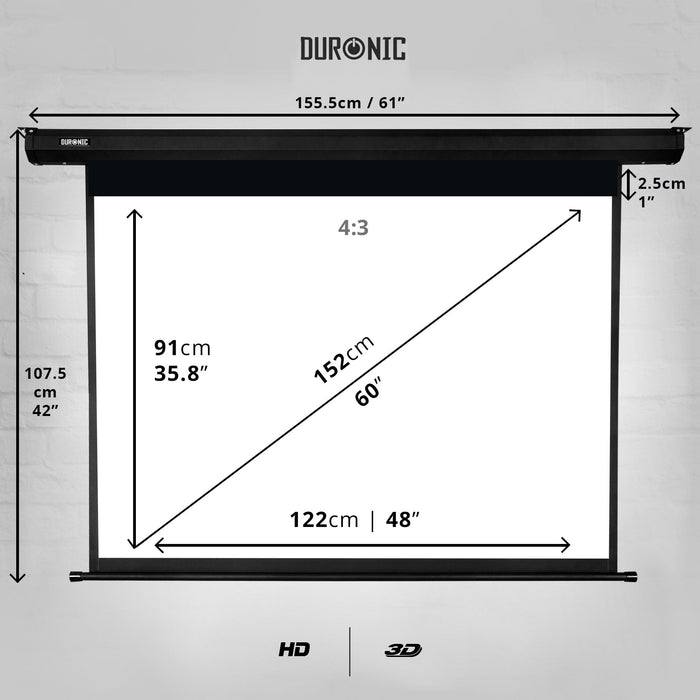 Zoomgoods Electric 60” Projector Screen EPS60 /43 | Screen Size: 122x91cm / 91x48” | 4:3 Ratio | Matt White +1 Gain | HD High Definition | Motorised Switch Control | Home Cinema, School, Office