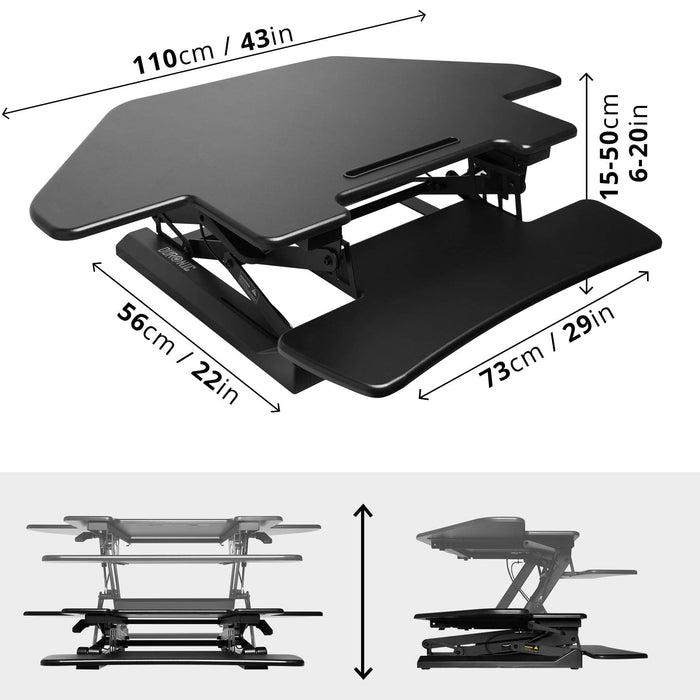 Zoomgoods DM05D5 Corner Sit-Stand Desk | Height Adjustable | Office Workstation | 110x41cm Platform | Raises 15-50cm | Riser for PC Computer Screen, Keyboard, Laptop | Ergonomic Desktop Table Converter