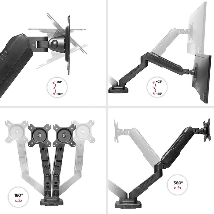 Zoomgoods Monitor Arm Stand DMDC52 | Double Gas-Powered PC Desk Mount | BLACK | Height Adjustable | For Two 13-24 LED LCD Screens | VESA 75/100 | 6.5kg Capacity | Tilt -90°/+85°,Swivel 180°,Rotate 360°