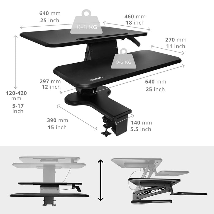 Zoomgoods Sit-Stand Desk DM05D13 | Height Adjustable Office Workstation | 64x44cm Platform | Raises 12-40cm | Riser for PC Computer Screen, Keyboard, Laptop |Ergonomic Desktop Table Converter with Clamp