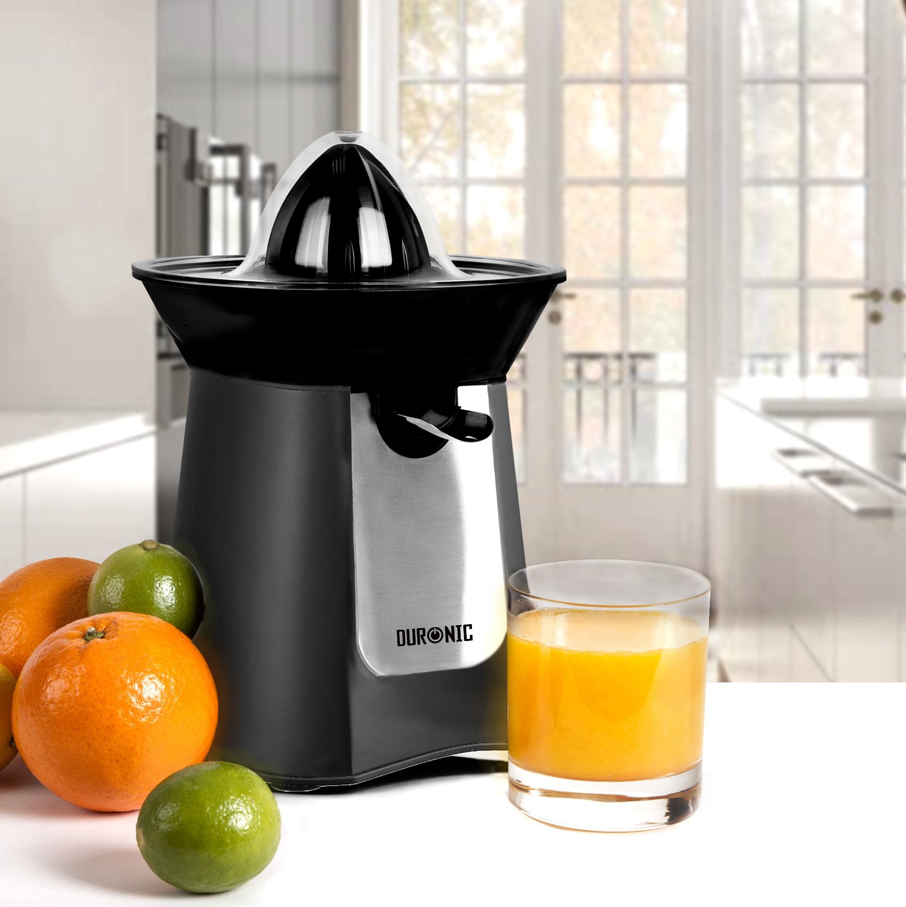 Zoomgoods Citrus Juicer JE6 BK | Electric Juice Extractor | Powerful 100W | Black and Stainless-Steel | 2 Cone Sizes | Dripless Spout | Squeezes and Presses Different Sized Fruits: Oranges, Lemons...
