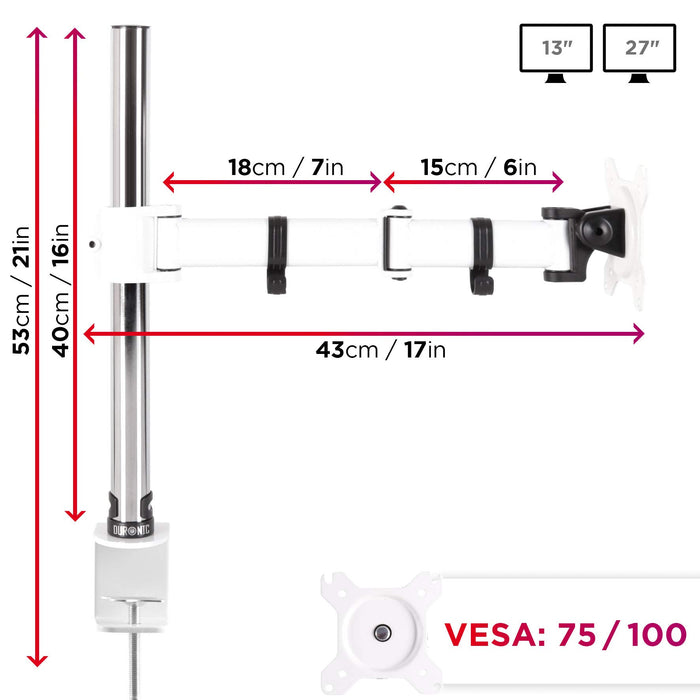 Zoomgoods Single Monitor Arm DM251X3 Height Adjustable Monitor Stand Riser Clamp for 13-27” PC screens Monitor Desk Mounts with VESA 75/100 Monitor Mount with 8kg capacity Monitor Stand for Desk Gaming WHITE