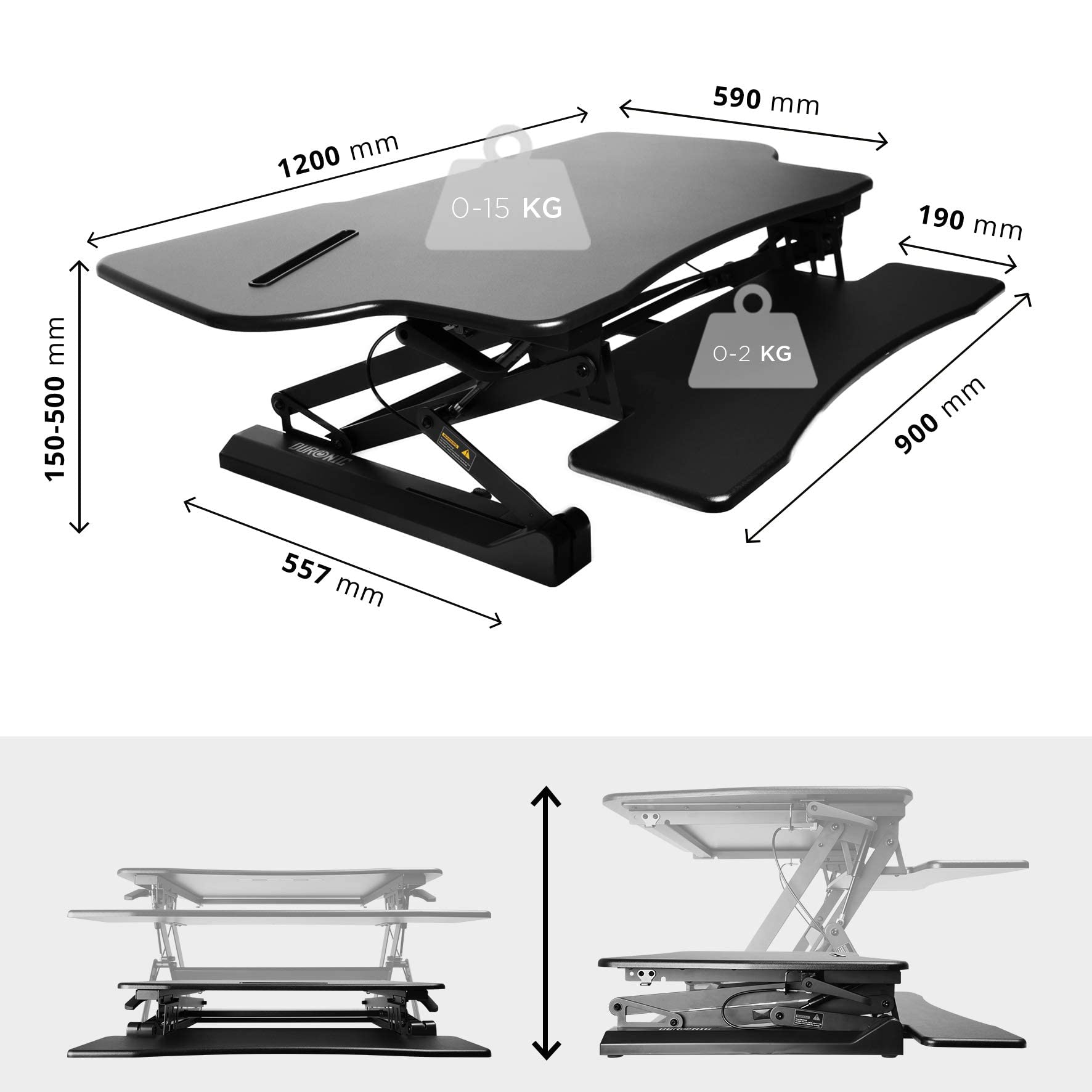 Zoomgoods Sit-Stand Desk DM05D4 | Height Adjustable Office Workstation | 120x59cm Platform | Raises from 15-50cm | Riser for PC Computer Screen, Keyboard, Laptop | Ergonomic Desktop Table Converter