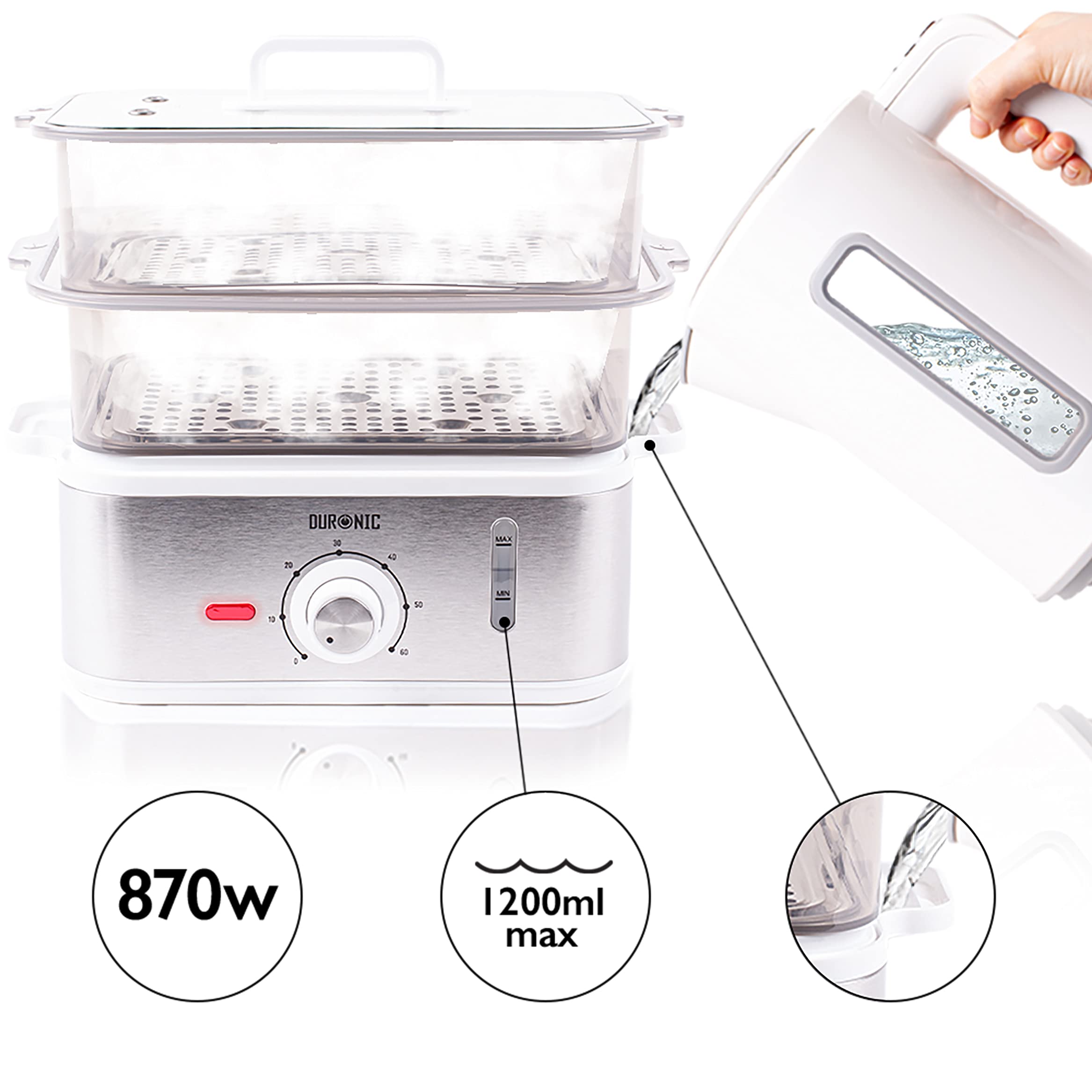 Zoomgoods Electric Food Steamer FS87, 3 Tier Vegetable Steamer with Rice Bowl, BPA Free Dumpling Maker with 870W and Timer Function to Steam Rice, Dumpling, Vegetables