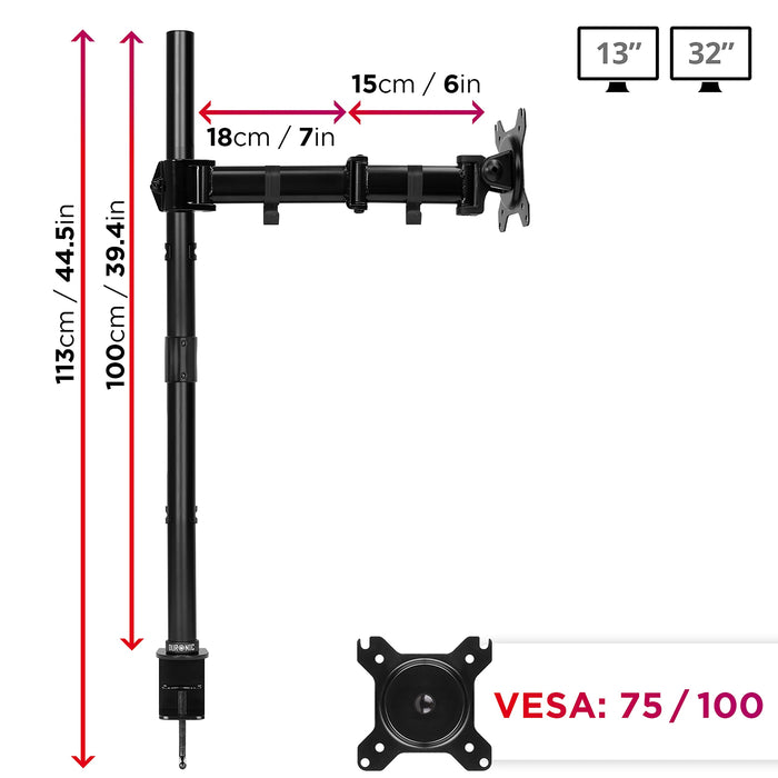 Zoomgoods Single Monitor Stand DMT251X3 Monitor Arm Desk Mount for 13-32” PC Screens Adjustable Tilt Monitor Mount with 100cm Pole Gaming Monitor with VESA 75 100 Monitor Riser for Home Office Work Desk