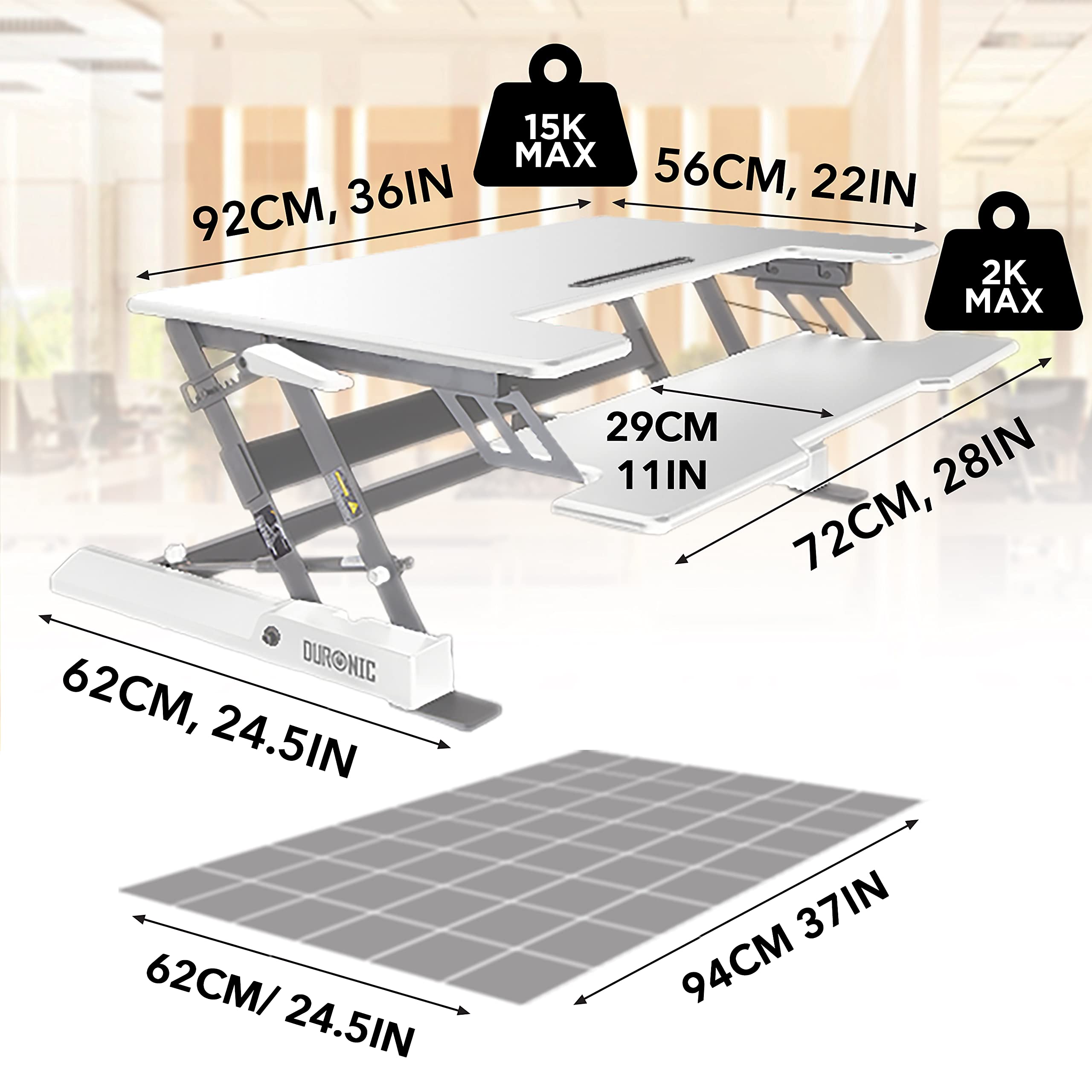 Zoomgoods Sit-Stand Desk DM05D1WE [WHITE] | Height Adjustable Office Workstation | 92x56cm Platform | Raises 16.5-41.5cm | PC Computer Screen, Keyboard, Laptop Riser | Ergonomic Desktop Table Converter