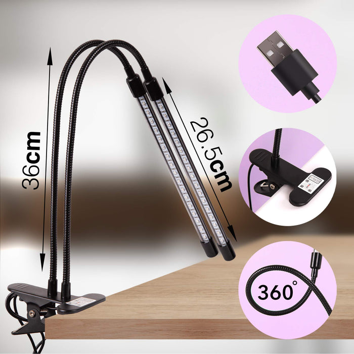 Zoomgoods Grow Light GLC24 | Double Clip-On Lamp for Indoor Plants | Full Spectrum 36x Red & Blue LED Bulbs | 3 Colour Modes | 2 Heads with Adjustable Goosenecks | 40W | Dimmable 6x Brightness Levels